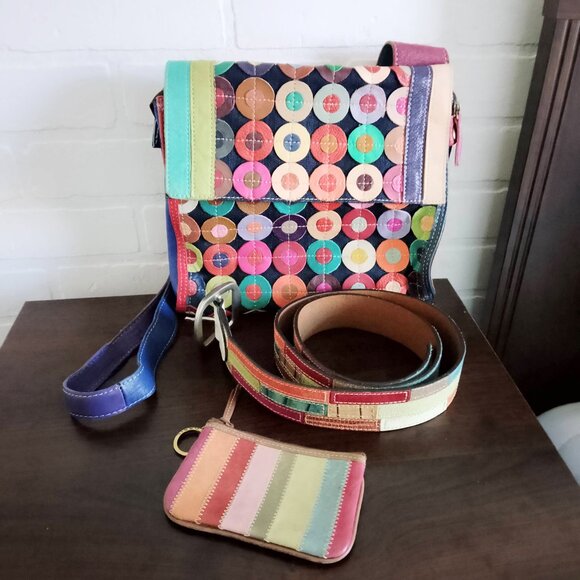 Ameri Leather Patchwork Circles Mini Crossbody Bag with Belt and Coin/ID purse - Picture 1 of 10